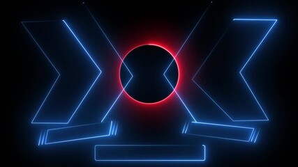 Animation of neon arrow and circle design sports for the International sports screen icon on black background. Abstract  laser light animation .4K Video motion graphic animation. - Powered by Adobe
