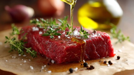 A chef seasons a beautiful steak with oil and salt making it look fresh and appetizing.