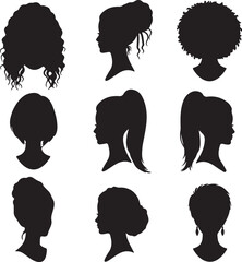 Collection of Black Silhouettes of Diverse Female Hairstyles and Head Shapes Keywords: silhouette, woman, female, head, profile, hairstyle, hair, beauty, style, also transparent background