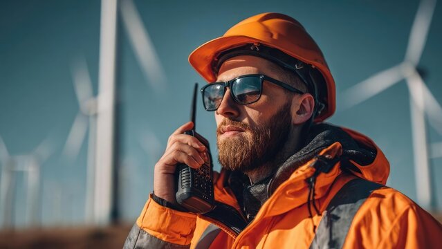 A man in orange safety gear and a hard hat talks on a handheld radio at a wind farm. Concept Wind Farm, Orange Safety Gear, Handheld Radio, Hard Hat Worker, Turbines in Background