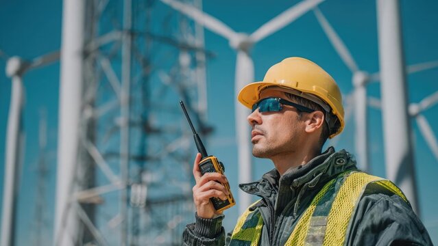 Worker in a yellow hard hat and safety vest uses a walkie-talkie at a wind farm with tall turbines in the background. Concept Wind turbine maintenance worker with walkie-talkie, PPE safety
