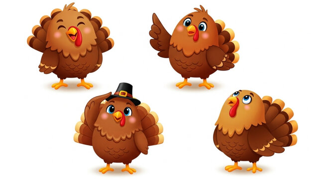 Four cheerful turkeys. each with unique expressions and poses. Ideal for festive seasonal designs. capturing the essence of abundance and gratitude. vector illustration