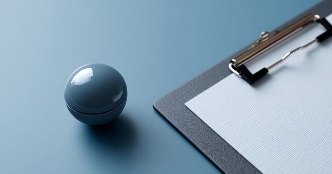 Minimalist composition with a glossy blue sphere and a clipboard holding textured white paper on a smooth blue surface