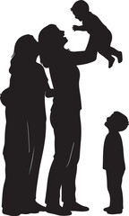 Silhouette of a mother throwing a baby in the air with another child watching family toddler also transparent background
