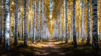 Obraz premium Sunlight filters through a dense birch forest illuminating a winding path in autumn