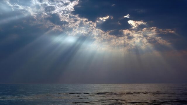 Sunbeams streaming through dark clouds onto a calm sea Concept Crepuscular rays, Dark clouds, Calm sea, Dramatic lighting, Moody landscape