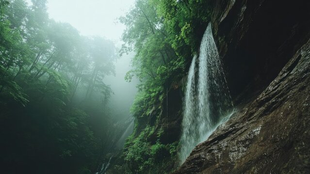 Waterfall spilling over a mossy rock face in a misty, lush green forest. Concept Waterfall in misty forest, Mossy rock landscape, Lush green scenery, Nature photography, Serene forest waterfall