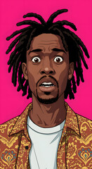 A Black man with dreadlocks in a stylish shirt stands against a pink backdrop displaying a shocked and fearful expression