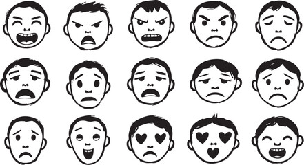 Collection of 15 human facial expressions expressing basic and complex emotions like joy anger sadness love and confusion simple black and white vector avatar set concept
