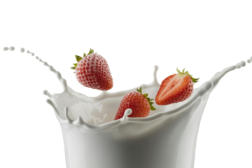 High speed capture of strawberries splashing into milk creating artistic patterns