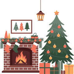 Christmas fireplace with tree and gifts stockings