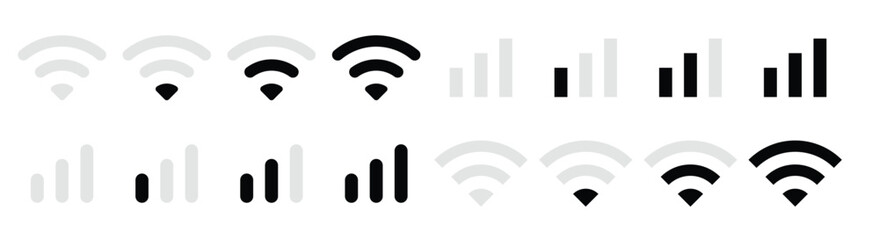 WiFi And Signal Bars Set. Collection of signal strength icons including bar graphs, wifi symbols, and battery indicators, isolated on white background,  Vector Illustration.