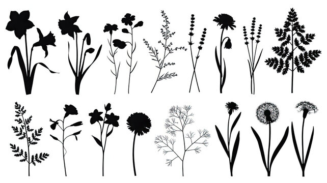 A sophisticated, clean, vector silhouette illustration featuring a collection of diverse botanical elements arranged in two rows against a stark white background. 