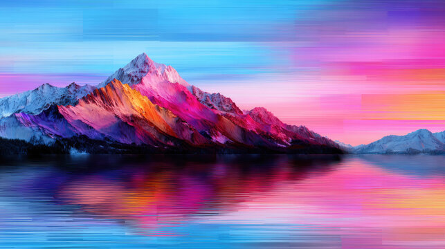 A serene mountain range blending into digital pixel glitch, surreal nature-tech fusion