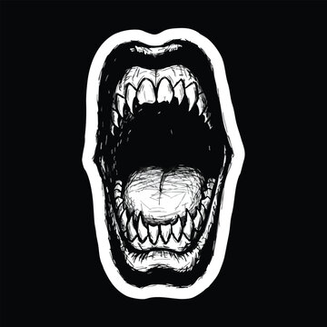 Horror Mouth Drawing With Sharp Teeth Screaming Open With A Dark Background