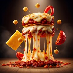 A hyper-realistic, dramatic, and dynamic commercial food photograph of lasagna