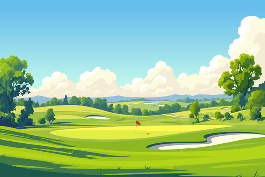 Cartoon golf course on a summer day, vector illustration