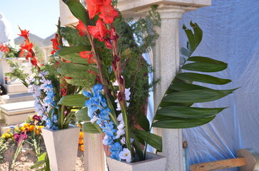 Elegant memorial floral arrangements with vibrant red gladiolus and serene blue delphiniums honoring loved ones at the cemetery, a peaceful tribute