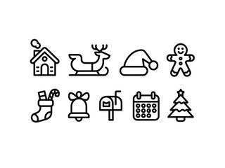 A collection of festive Christmas icons including a house, sleigh, Santa hat, gingerbread man, stocking, bell, mailbox, calendar, and tree.