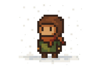Pixel art character standing in winter snow, wearing a scarf in a cold environment, 8-bit video game graphic
