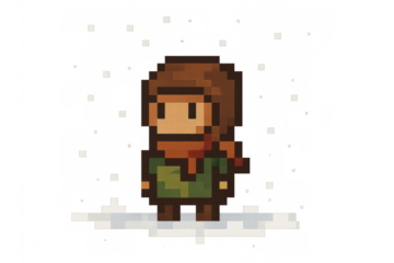 Pixel art character standing in winter snow, wearing a scarf in a cold environment, 8-bit video game graphic