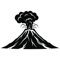 Stylized volcano eruption illustration with smoke and lava flow silhouette