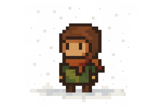 Pixel art character standing in winter snow, wearing a scarf in a cold environment, 8-bit video game graphic