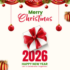 happy new year 2026 poster with golden confetti, minimal christmas and new year event background, festive winter holiday greeting card design, modern 2026 celebration banner template