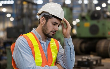 A male worker in a hard hat and safety vest stands in an industrial setting, holding his head with a concerned or stressed expression. 