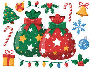 Two festive Christmas gift bags filled with holiday cheer and surrounded by traditional festive symbols and decorations.