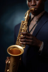 Close-up of Musician Playing Gold Saxophone in Dramatic Lighting