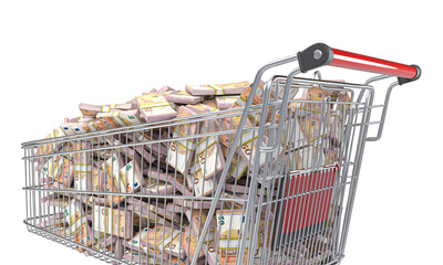 Shopping cart full of euro money isolated 3d