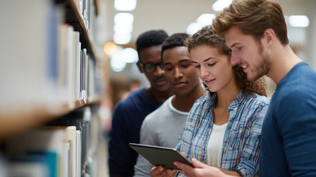 Group of diverse young adults studying together in library aisle using digital tablet for research and collaboration