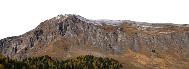 A panoramic view of an autumn mountain with a snow-capped peak and yellow-green fir trees, and the foothills. Isolated on a transparent background. PNG