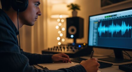 Young man wearing headphones, working on a computer with audio editing software and taking notes