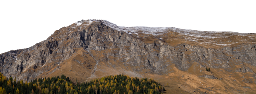 A panoramic view of an autumn mountain with a snow-capped peak and yellow-green fir trees, and the foothills. Isolated on a transparent background. PNG