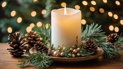 Burning candle with festive christmas pine decoration