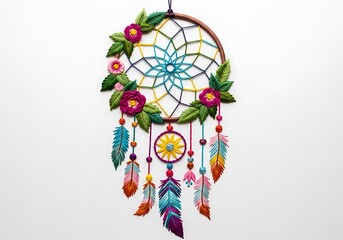 Fototapeta premium A colorful dreamcatcher with flowers and feathers isolated on white background