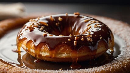 Donut dripping caramel sauce and crushed peanuts