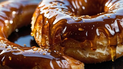 Glazed donuts dripping caramel sauce and sprinkles