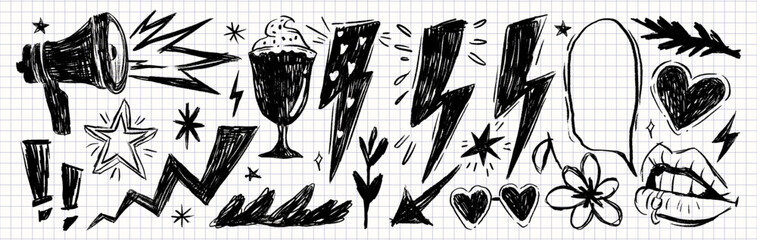 Punk doodle elements set, hand drawn black sketch lightning bolts, hearts, lips, megaphone, and stars on notebook paper, grunge rebellious illustration for rock collage and street art design