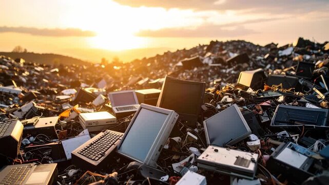 Discarded computer monitors, laptops, and keyboards in a sprawling electronics waste dump under sunset