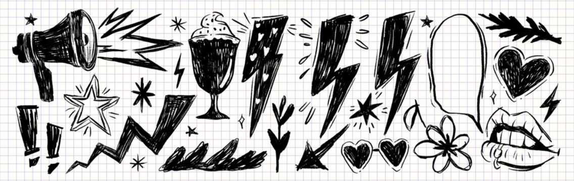 Punk doodle elements set, hand drawn black sketch lightning bolts, hearts, lips, megaphone, and stars on notebook paper, grunge rebellious illustration for rock collage and street art design