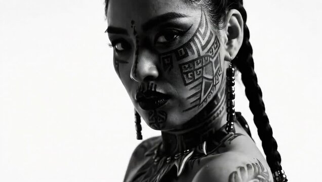 Intricate tattoo design on an Aztec woman showcasing her face and arm against a stark white background with high contrast shadows