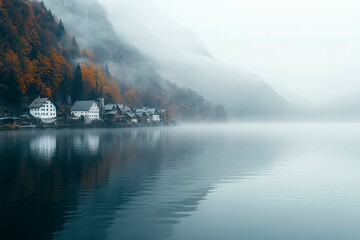 Foggy gray autumn landscape - lake with mountain village accented by yellow trees. Can be used as background