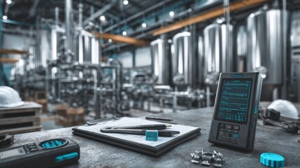 Modern industrial equipment and tools, including a handheld data monitor and clipboard, resting on a workbench. Large stainless steel tanks and pipes in a chemical or beverage factory