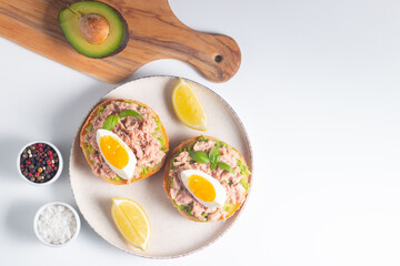 Two delicious tuna open sandwiches with avocado and boiled eggs. Tuna toast.