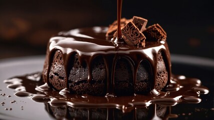 Chocolate lava cake getting ganache dripped on top