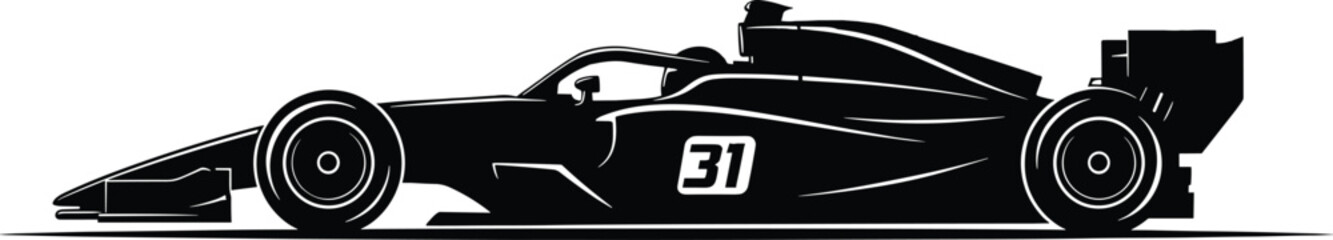 Obraz premium Silhouette of a racing car with number 31 race car, racing car, race car, formula one, f1, speed, sport, competition, vehicle, automobile, silhouette, black, white, number 31, driver, cockpit, wing, s