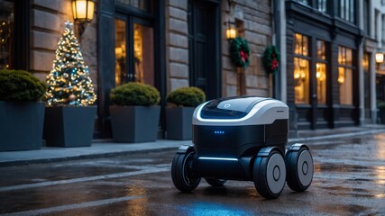 Autonomous delivery robot on city street during christmas